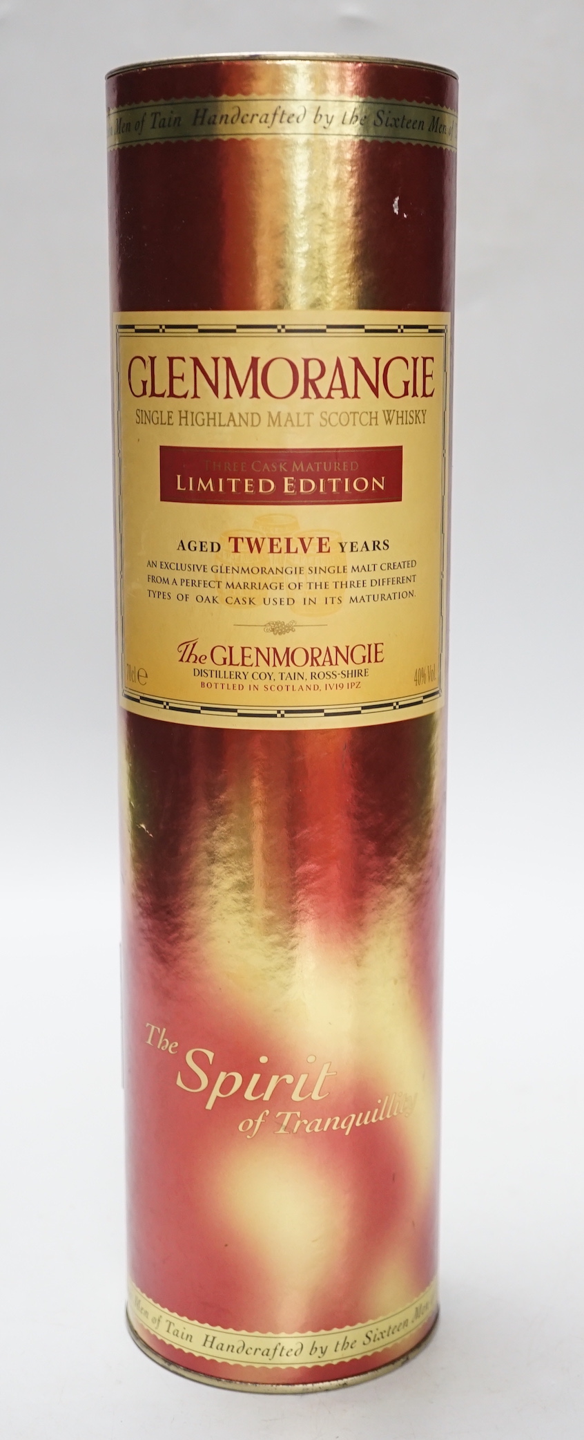 A bottle of Glenmorangie three cask matured aged twelve years whisky